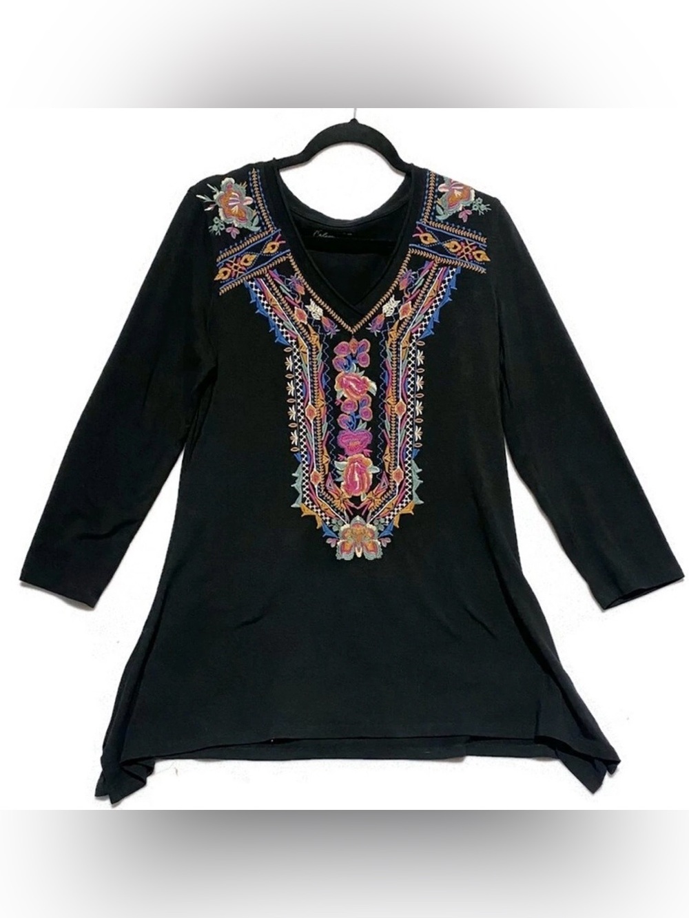 Calessa Black Embroidered Tunic Top Womens Medium Boho Polyester Colorful Floral